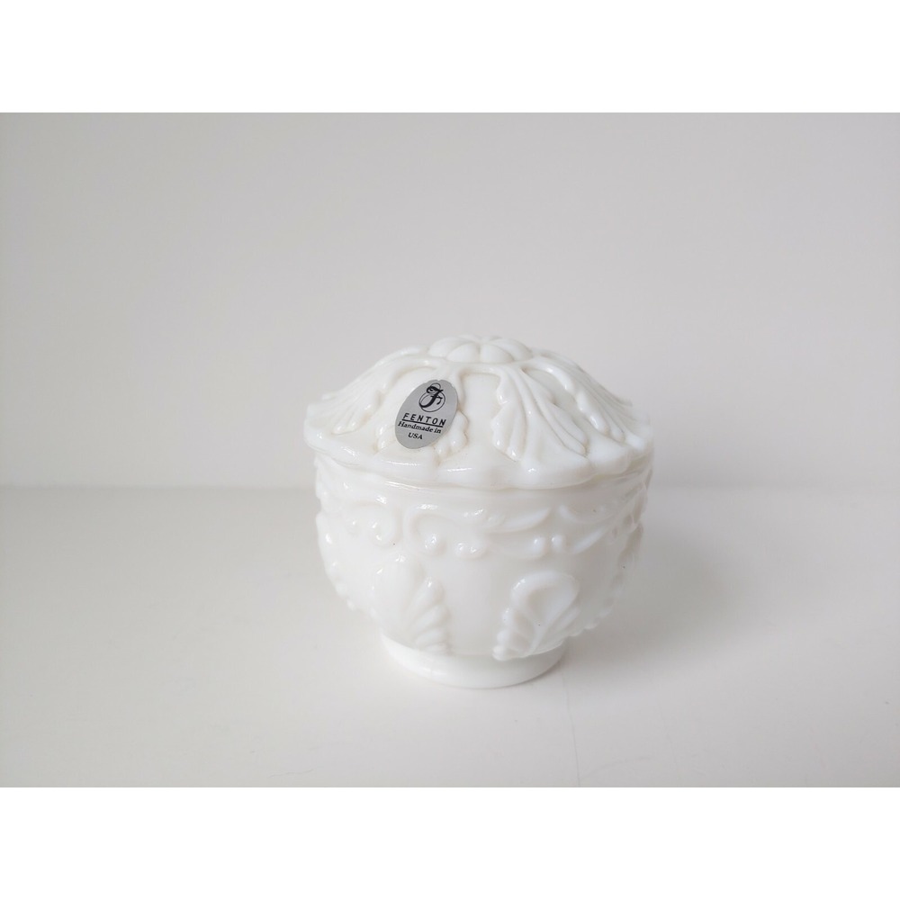 Vintage Fenton glass white milk glass covered dish patterned